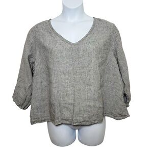 Flax linen pullover v neck 3/4 sleeve top size 1G 1X gray plaid lagenlook artsy